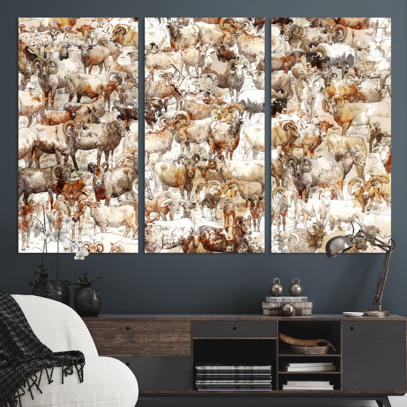 95103864-MGV-CV-36X24 - Farmhouse Animals Wall Art Canvas Print - Abstract Farm Animal Drawing Mid-Century Wall Art for Cabin Decor
