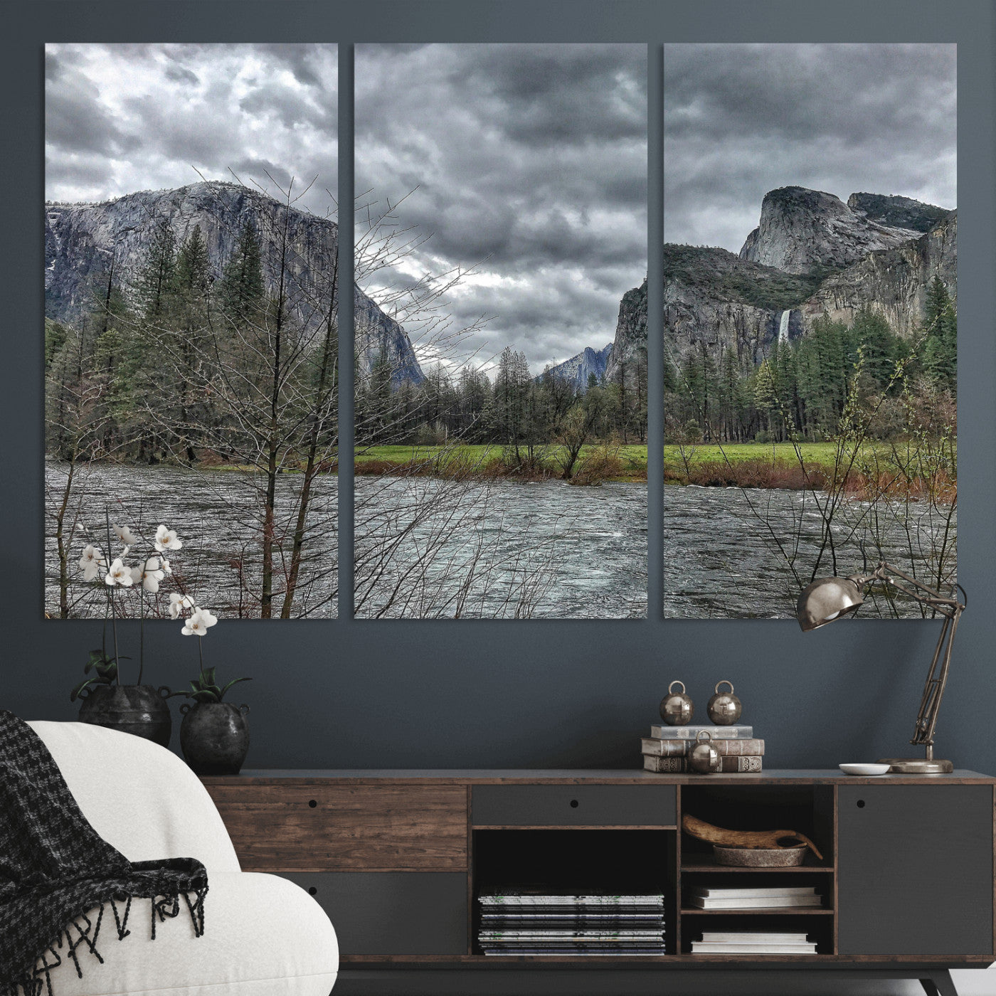 75582552-MGV-CV-36X24 - Yosemite Valley River Landscape Wall Art Canvas Print, Granite Cliffs Forest River Canvas Print, California National Park Moody Scenic Art Printi