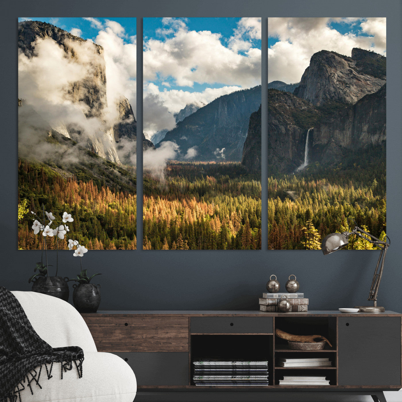 18271001-MGV-CV-36X24 - Yosemite Valley River Landscape Wall Art Canvas Print, Granite Cliffs Forest River Canvas Print, California National Park Moody Scenic Art Printi