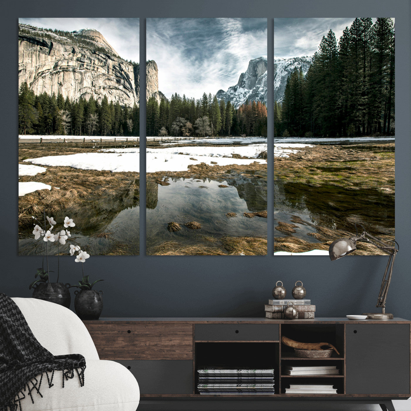 14527348-MGV-CV-36X24 - Yosemite Valley Mountain Landscape Wall Art Canvas Print, Granite Cliff Forest Valley Canvas Print, California National Park Scenic Art Printing