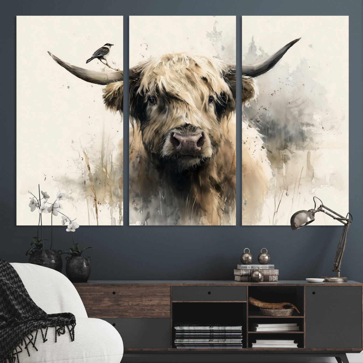 98249290-MGV-CV-36X24 - Abstract Highland Cow Watercolor Animal Wall Art Canvas Print, Rustic Farm Cattle Portrait Canvas Print, Neutral Wildlife Farmhouse Art Printing