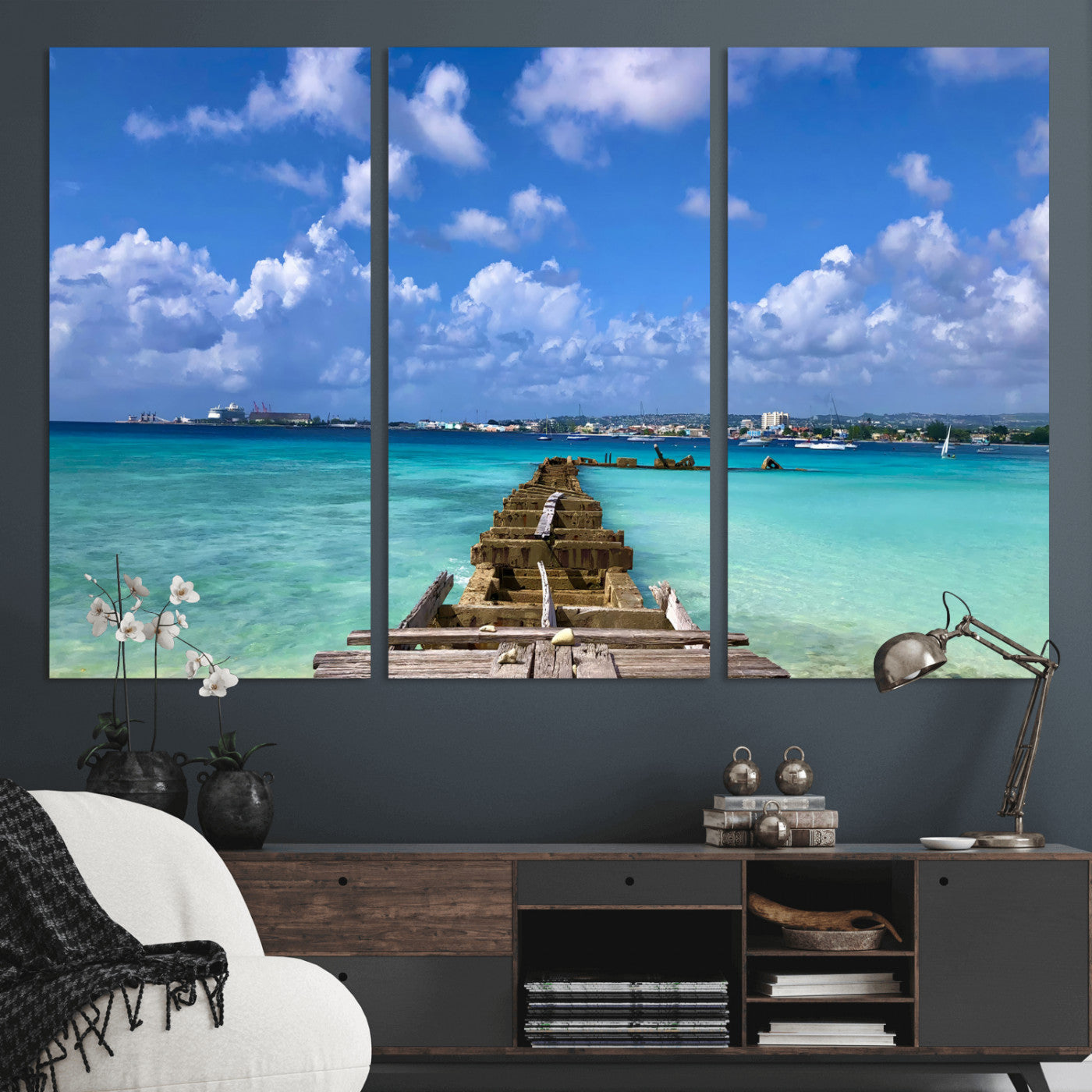 43165024-MGV-CV-36X24 - Caribbean Ocean Pier Seascape Wall Art Canvas Print, Turquoise Sea Tropical Harbor Canvas Print, Island Coastal Blue Water Scenic Art Printing