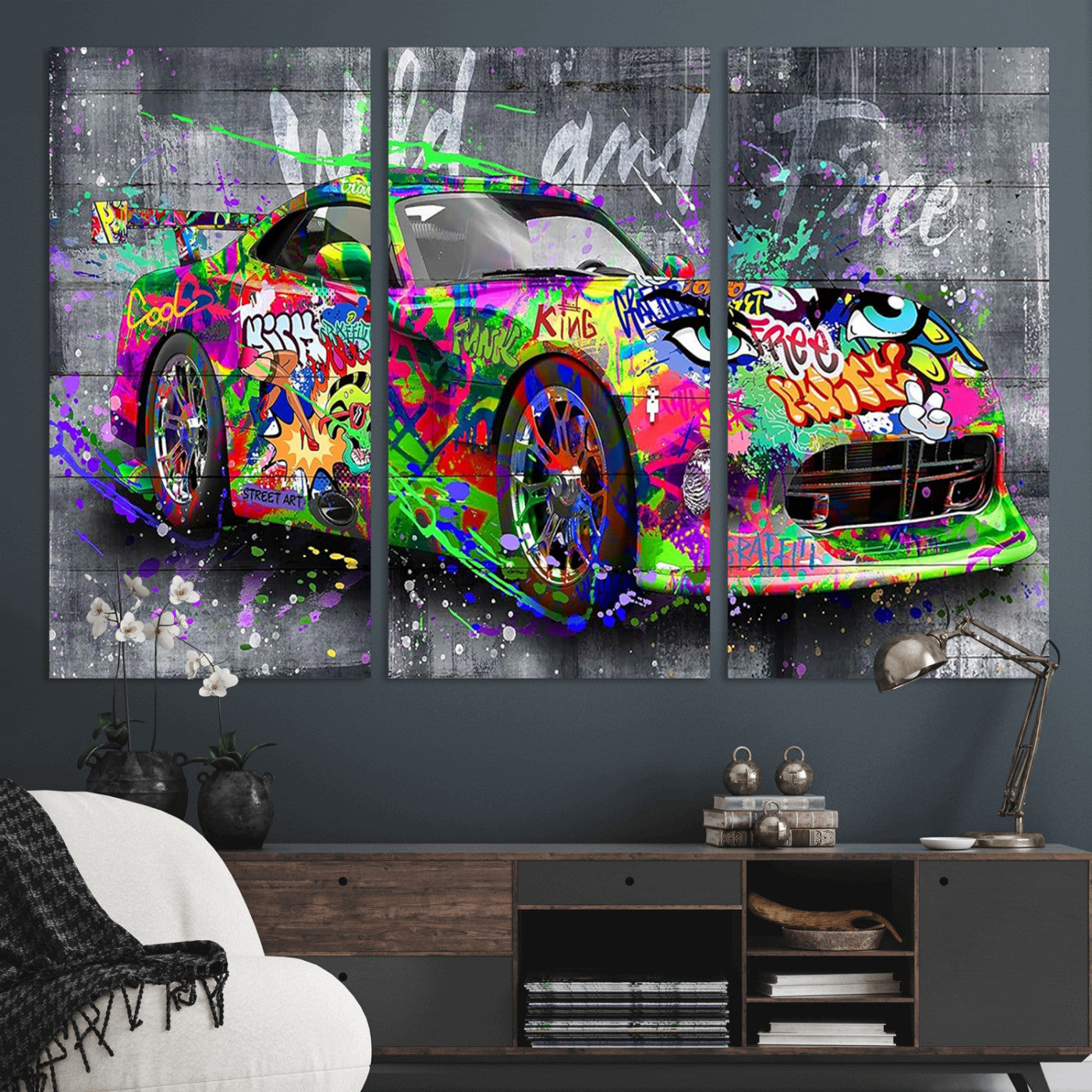 95314968-MGV-CV-36X24 - Graffiti Sports Car Street Art Wall Art Canvas Print, Colorful Urban Supercar Pop Art Canvas Print, Modern Graffiti Car Contemporary Art Printing