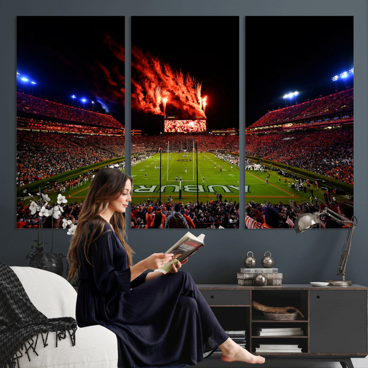81918884-MGV-CV-36X24 - Auburn Stadium Wall Art Canvas Print, College Football Night Game Crowd, Jordan Hare Stadium Artwork