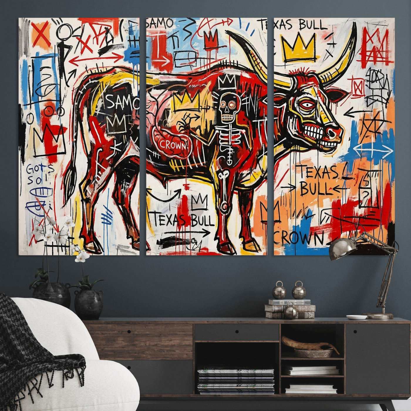 89504579-MGV-CV-36X24 - TITLE: Texas Bull Wall Art Canvas Print, Abstract Graffiti Bull Painting, Western Animal Art, Modern Ranch Decor