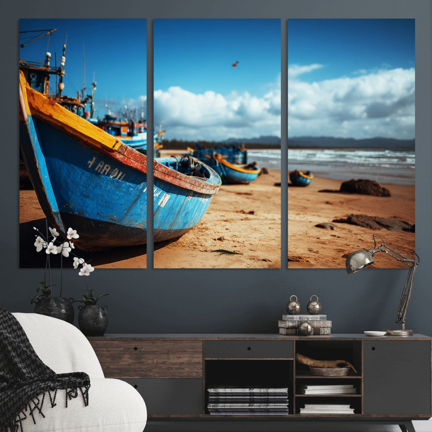 70925201-MGV-CV-36X24 - Fishing Boats Wall Art Canvas Print, Coastal Boat Beach Scene, Nautical Seaside Artwork, Ocean Shore Decor, Coastal Home Wall Art