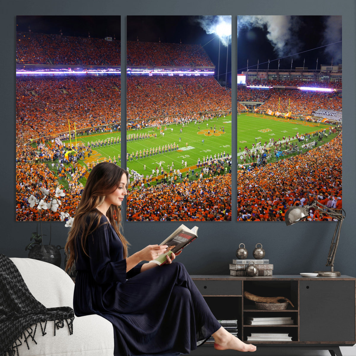 43662631-MGV-CV-36X24 - Clemson Football Stadium Wall Art Canvas Print, College Football Crowd Night Game Scene, Orange Stadium Panorama Wall Decor