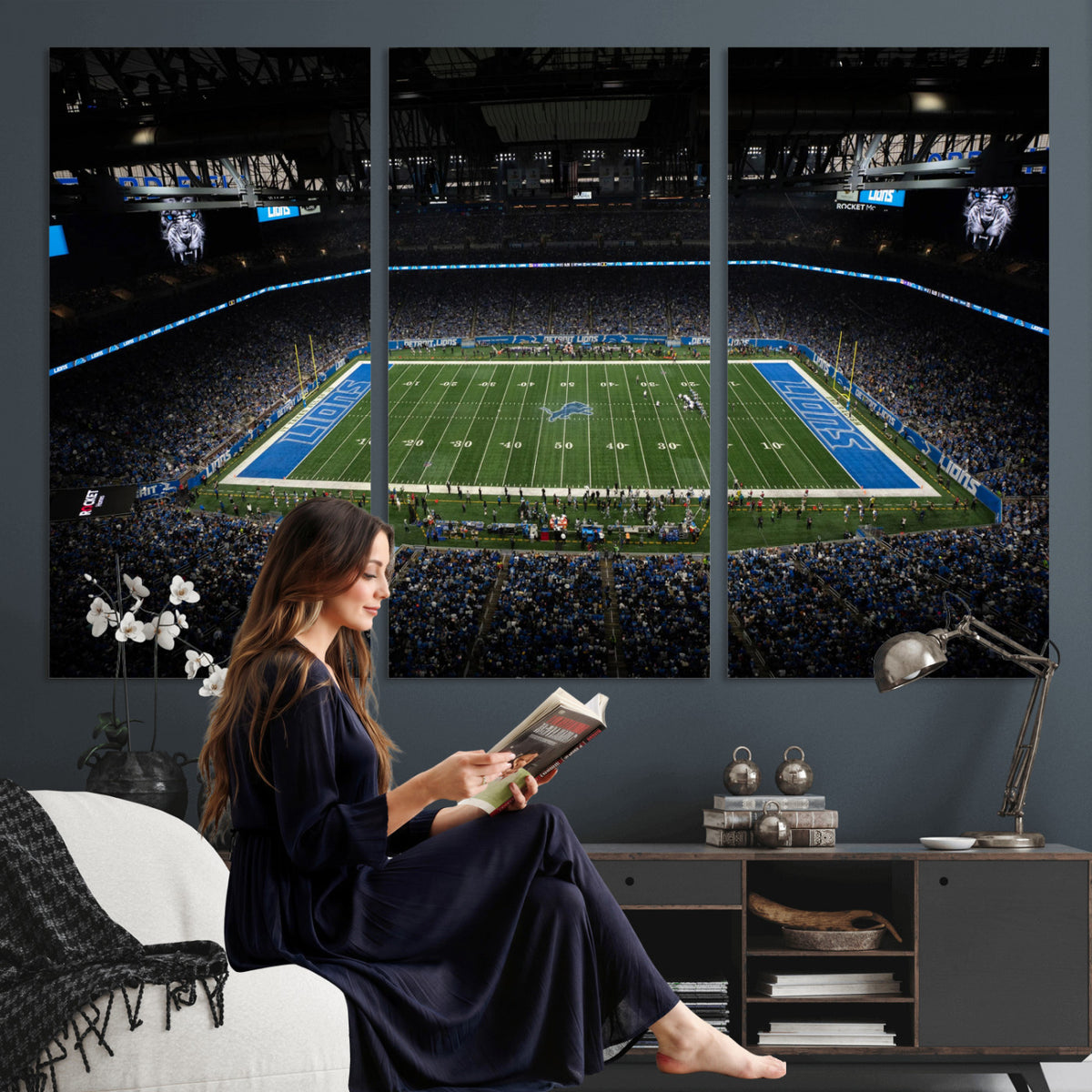 16709602-MGV-CV-36X24 - Detroit Lions Stadium Wall Art Canvas Print, Football Field Panorama