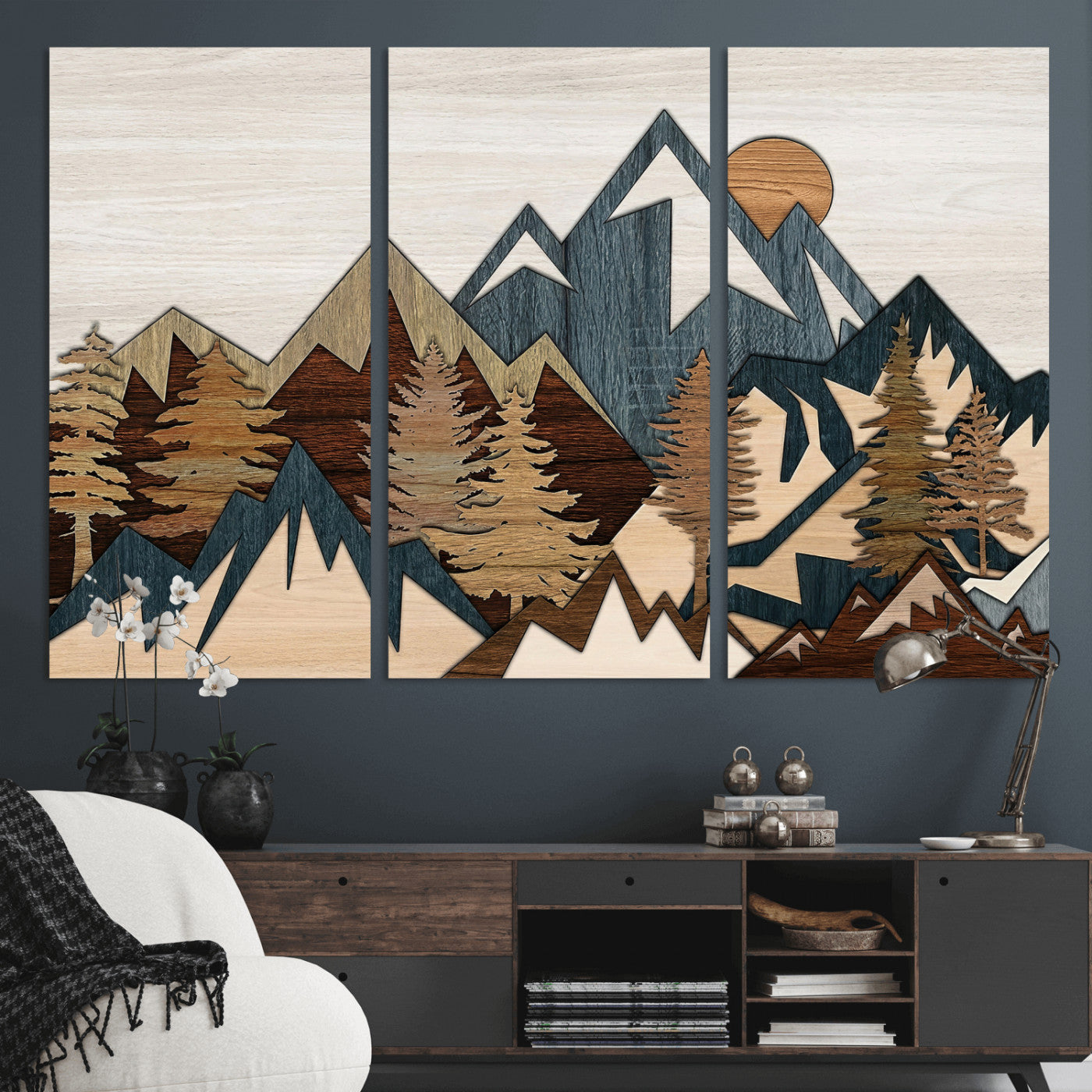 61833055-MGV-CV-36X24 - Mountain Forest Wall Art Canvas Print, Layered Wood Landscape Artwork, Rustic Nature Wall Decor for Living Room