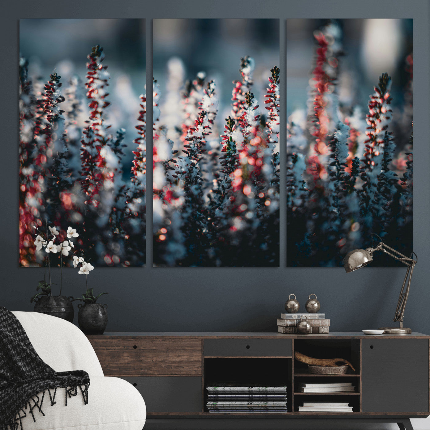 82063935-MGV-CV-36X24 - Winter Heather Wall Art Canvas Print, Frosted Floral Nature Art, Moody Botanical Wall Decor