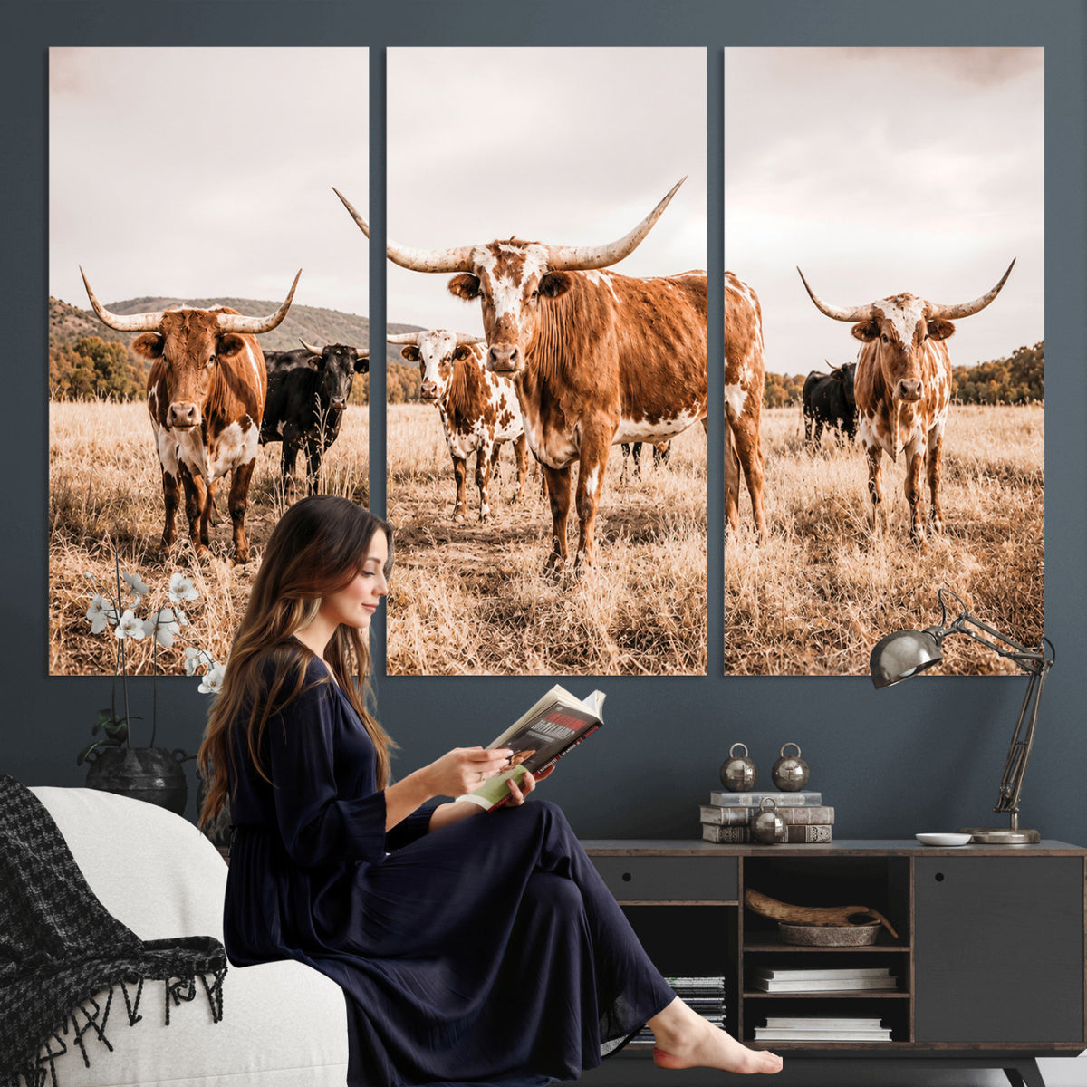 27539727-MGV-CV-36X24 - Texas Longhorn Cattle Wall Art Canvas Print, Sepia Western Decor