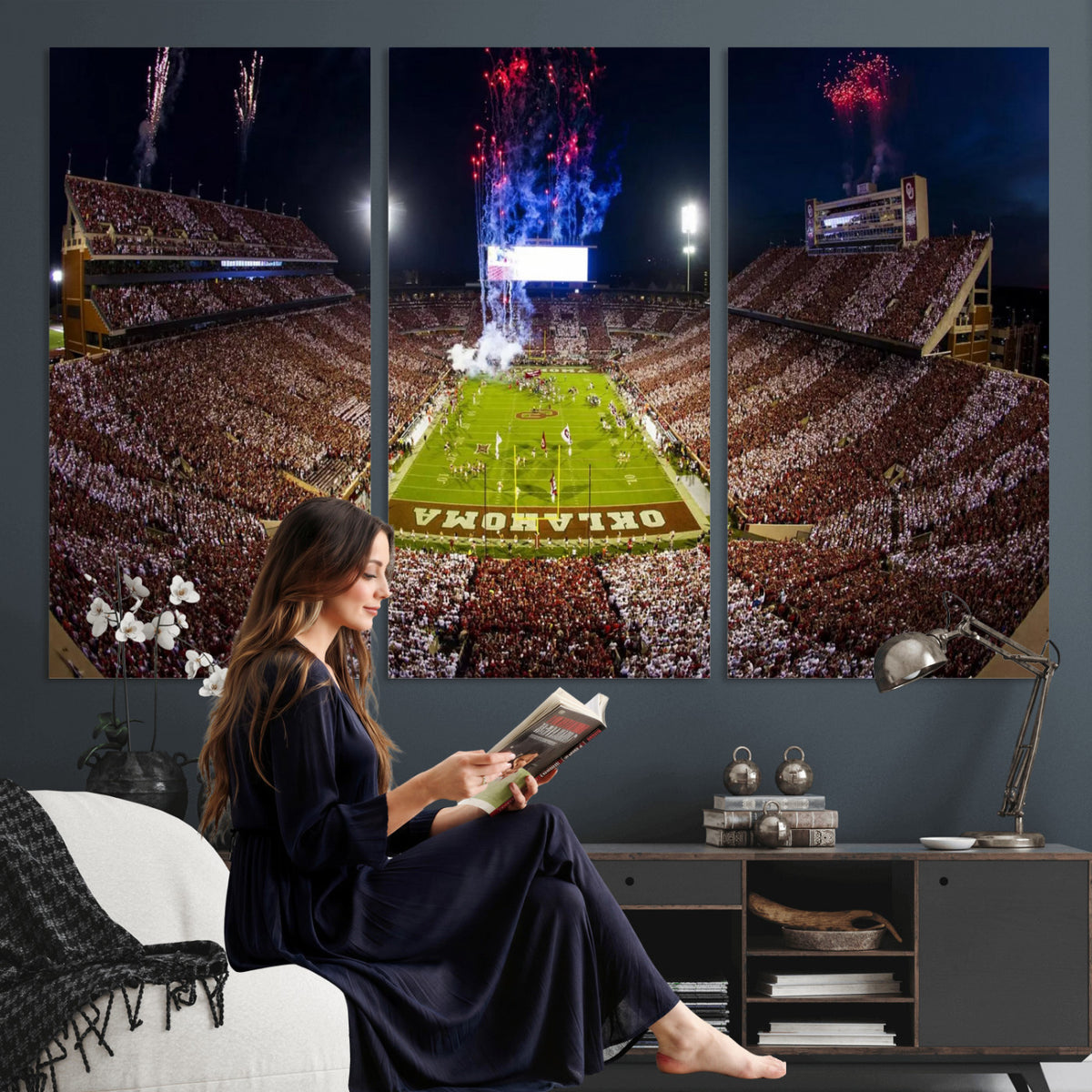 43197777-MGV-CV-36X24 - Oklahoma Memorial Stadium Wall Art Canvas Print – Oklahoma Sooners Football Artwork for Home, Office, and Sports Room Decor