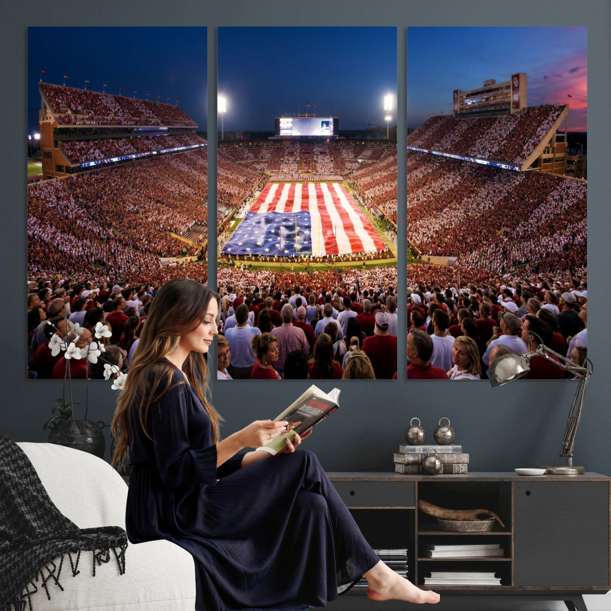 59917418-MGV-CV-36X24 - Oklahoma Memorial Stadium Wall Art Canvas Print – Oklahoma Sooners Football Artwork for Home, Office, and Sports Room Decor