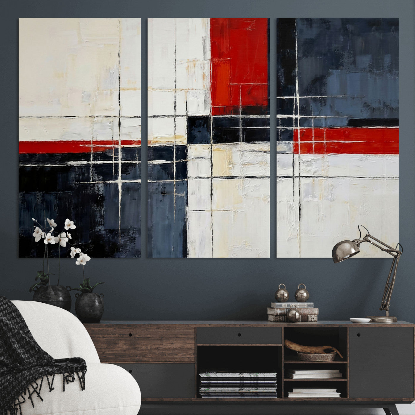 44088165-MGV-CV-36X24 - Navy Red Abstract Wall Art Canvas Print, Modern Luxury Geometric Painting Wall Decor for Living Room and Office