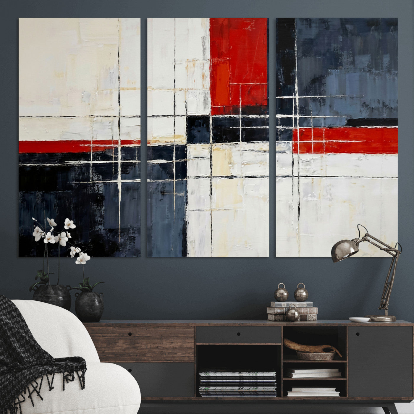11921181-MGV-CV-36X24 - Navy Red Abstract Wall Art Canvas Print, Modern Luxury Geometric Painting Wall Decor for Living Room and Office