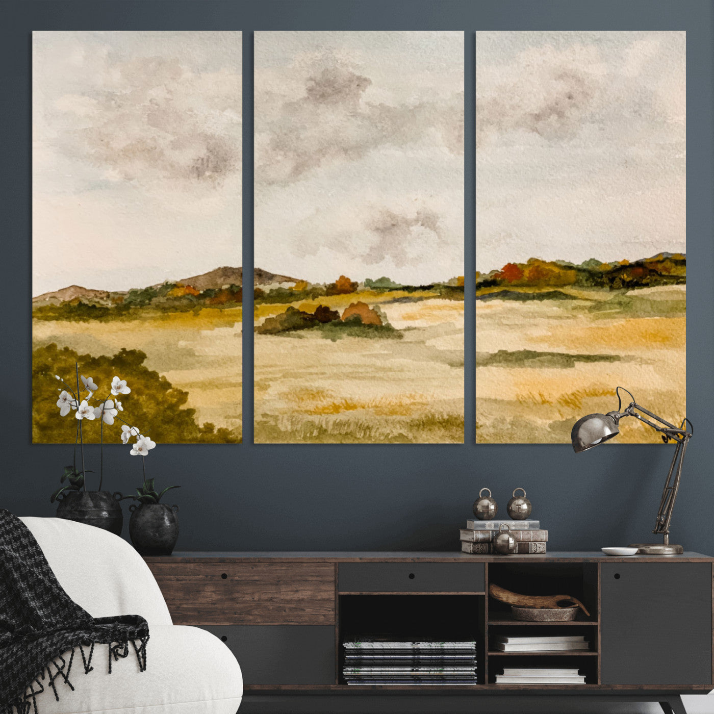 94151004-MGV-CV-36X24 - Watercolor Abstract Countryside Wall Art Canvas Print, Neutral Pastoral Landscape Painting Wall Decor for Modern Farmhouse Interiors