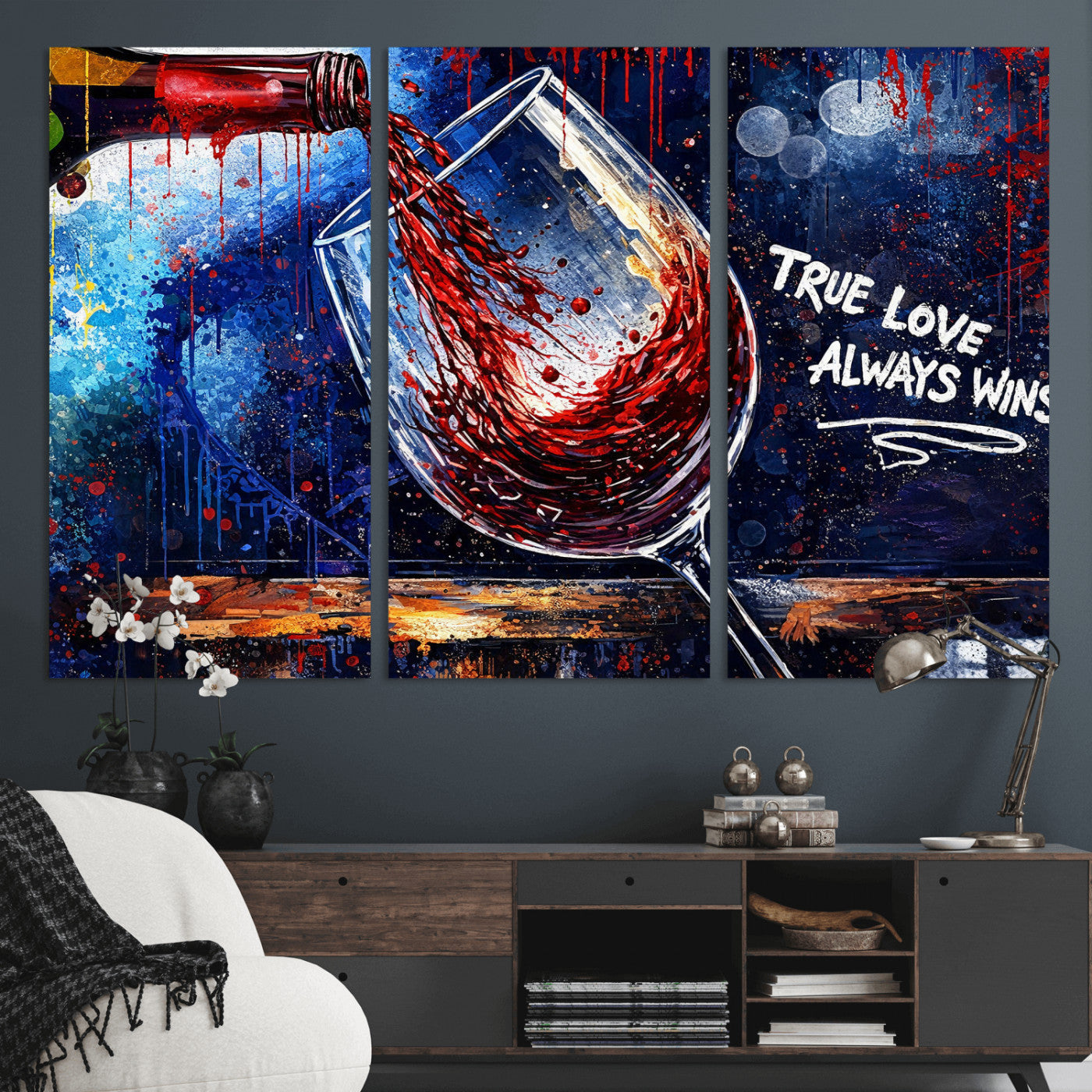 88788932-MGV-CV-36X24 - Red Wine Splash Abstract Wall Art Canvas Print, Modern Wine Glass Painting Canvas Print, Romantic Quote Contemporary Bar Art Print