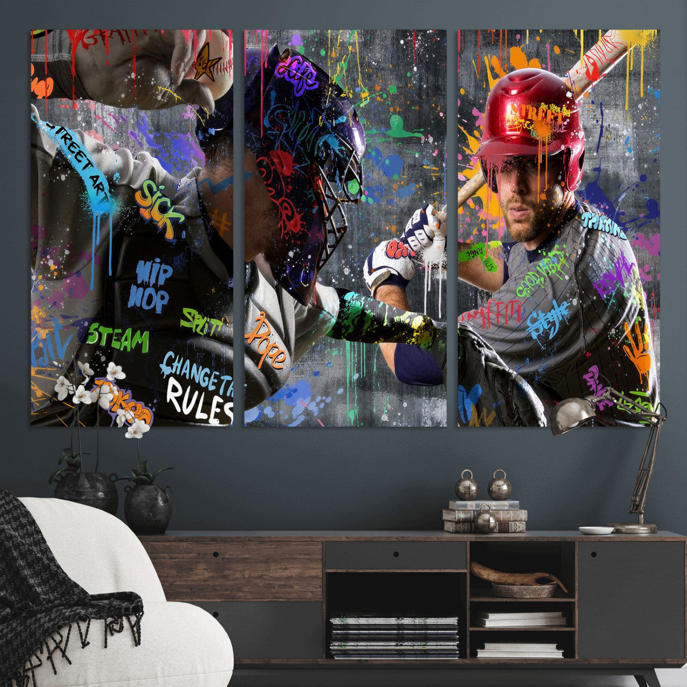 19634994-MGV-CV-36X24 - Graffiti Baseball Player Street Art Wall Art Canvas Print, Urban Sports Pop Art Baseball Canvas Print, Modern Athletic Graffiti Contemporary Art Printing