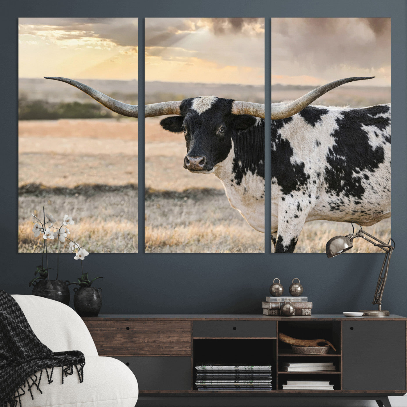 49350433-MGV-CV-36X24 - Texas Longhorn Bull Rustic Wall Art Canvas Print, Western Cattle Photography Canvas Print, Ranch Farm Animal Western Art Printing