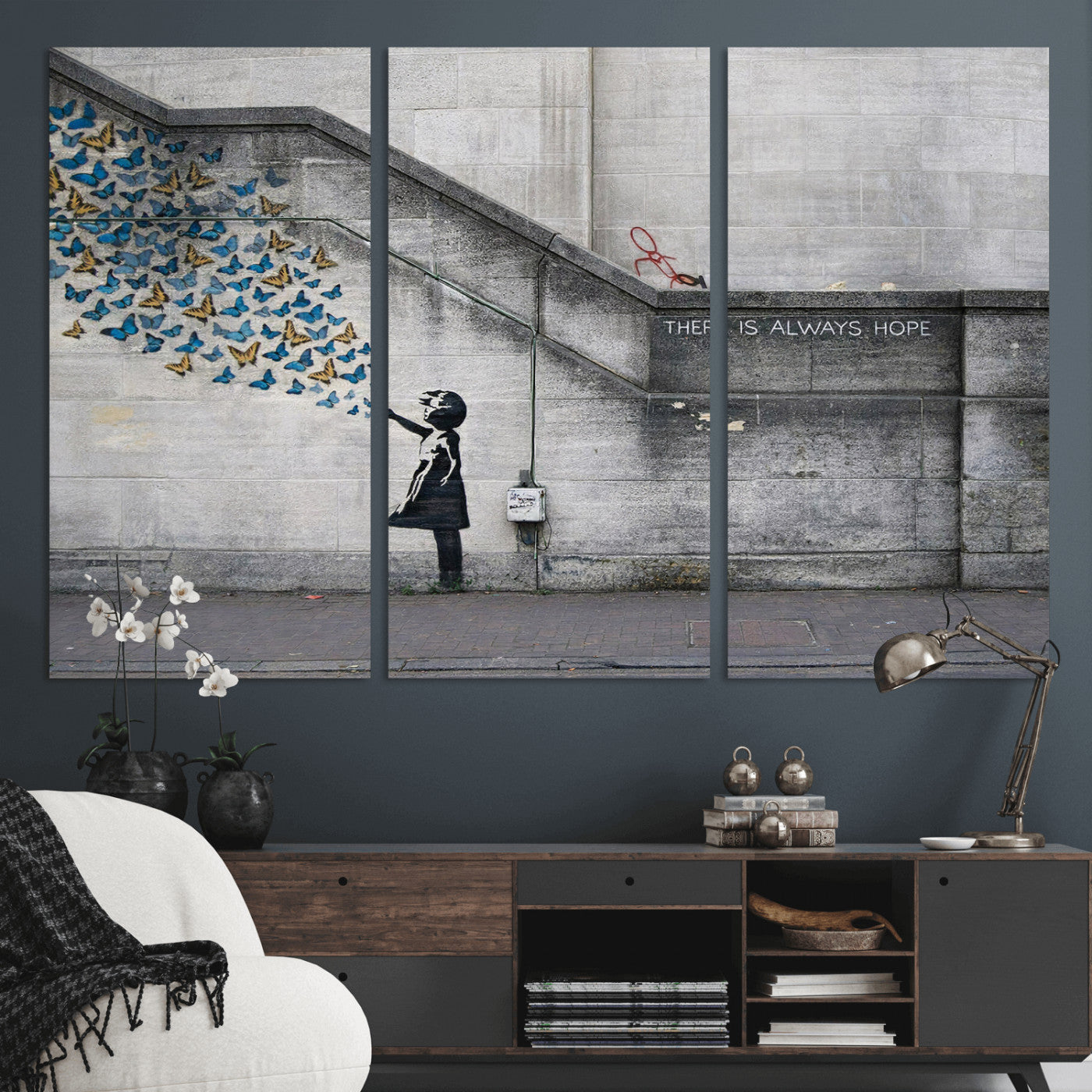 15274223-MGV-CV-36X24 - Banksy Girl with Butterflies Street Art Wall Art Canvas Print, Hope Graffiti Urban Art Canvas Print, Minimalist Inspirational Street Art Contemporary Art Printing