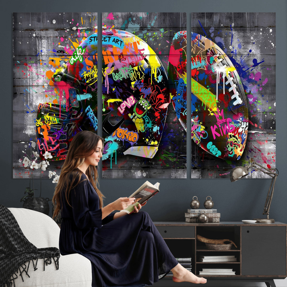80540773-MGV-CV-36X24 - Graffiti American Football Helmet Street Art Wall Art Canvas Print