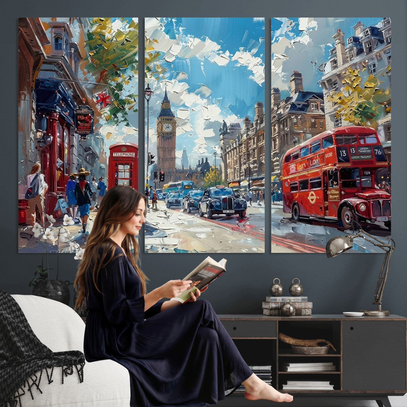 17630888-MGV-CV-36X24 - London Street Canvas Wall Art — Big Ben Red Bus Print | Oil Painting Style | UK City Wall Decor | Travel Art Gift | Living Room Print
