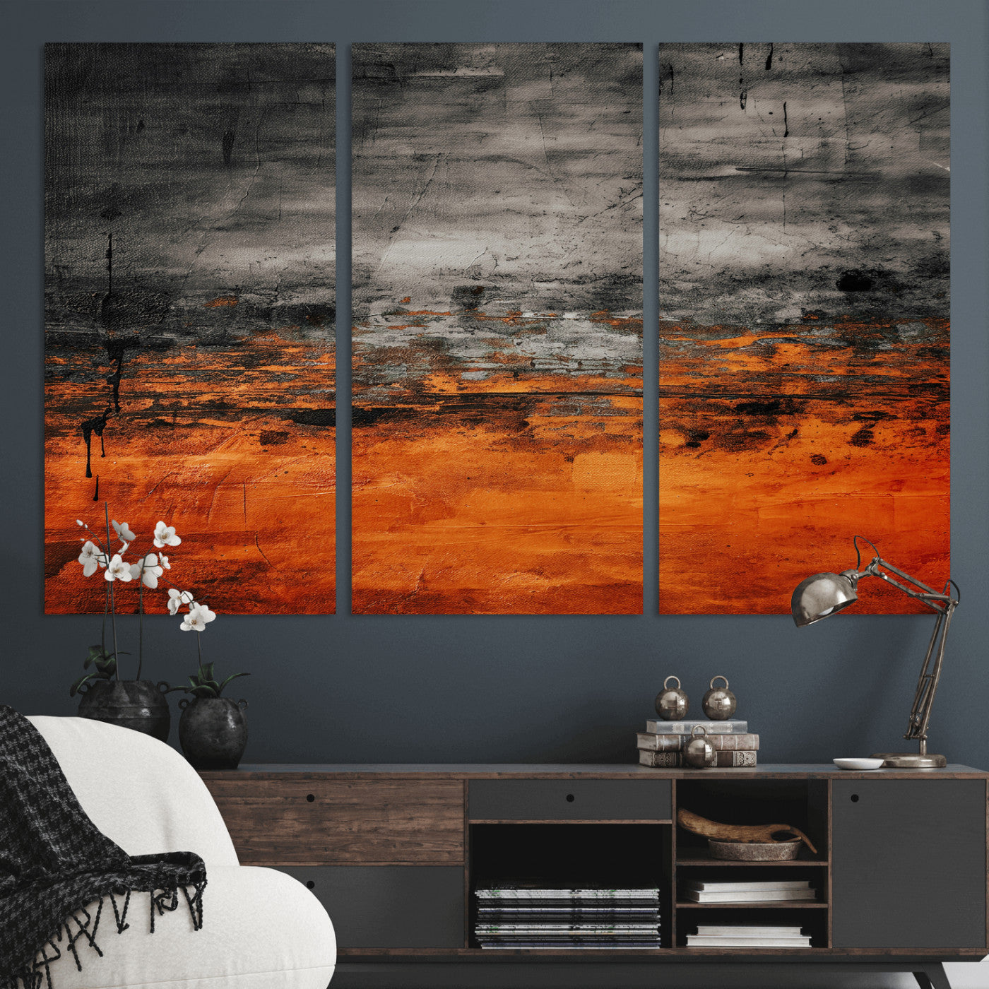75409282-MGV-CV-36X24 - Black Orange Abstract Wall Art Canvas Print Modern Textured Painting Decor