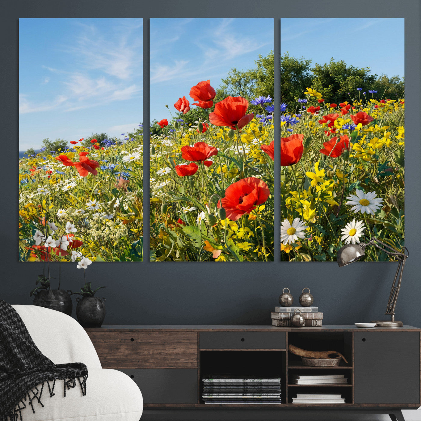 38570784-MGV-CV-36X24 - Wildflower Meadow Wall Art Canvas Print – Colorful Poppy and Daisy Field Landscape Artwork for Living Room Decor
