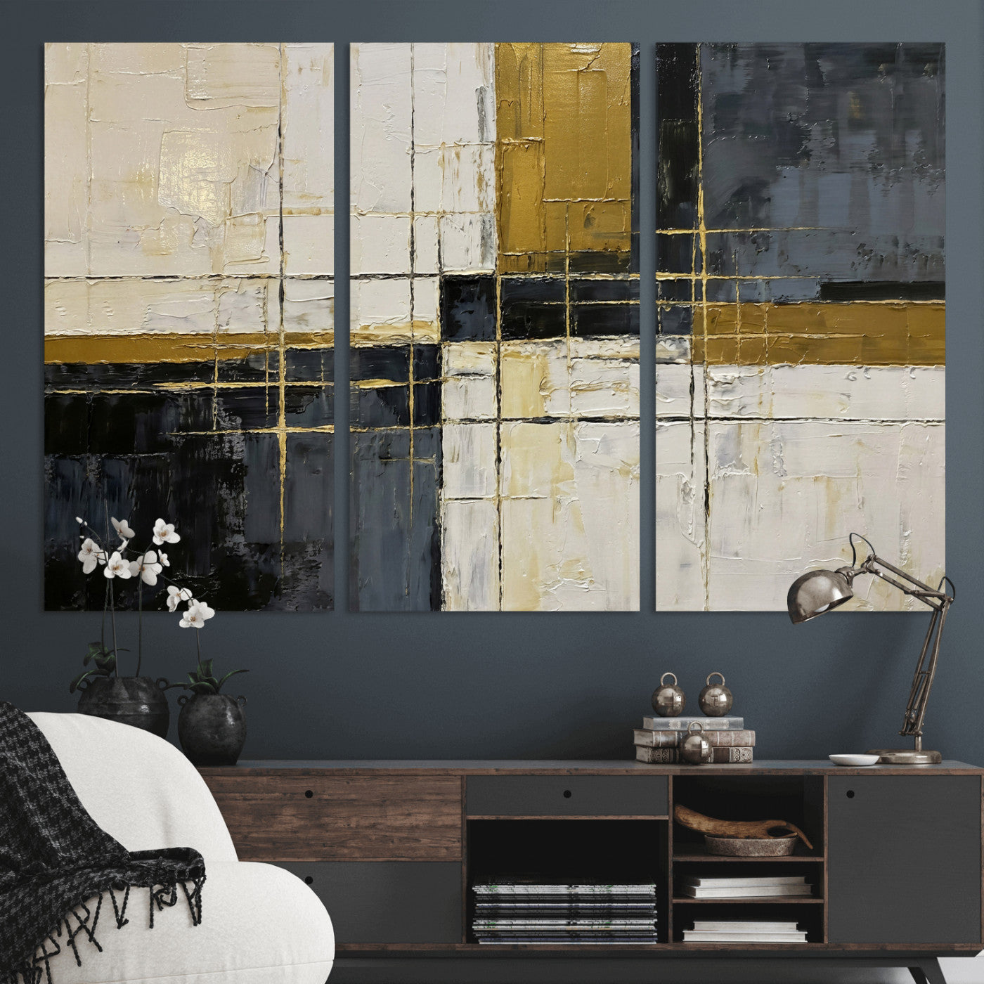 36097945-MGV-CV-36X24 - Abstract Gold and Black Wall Art Canvas Print – Modern Geometric Neutral Artwork for Living Room Decor