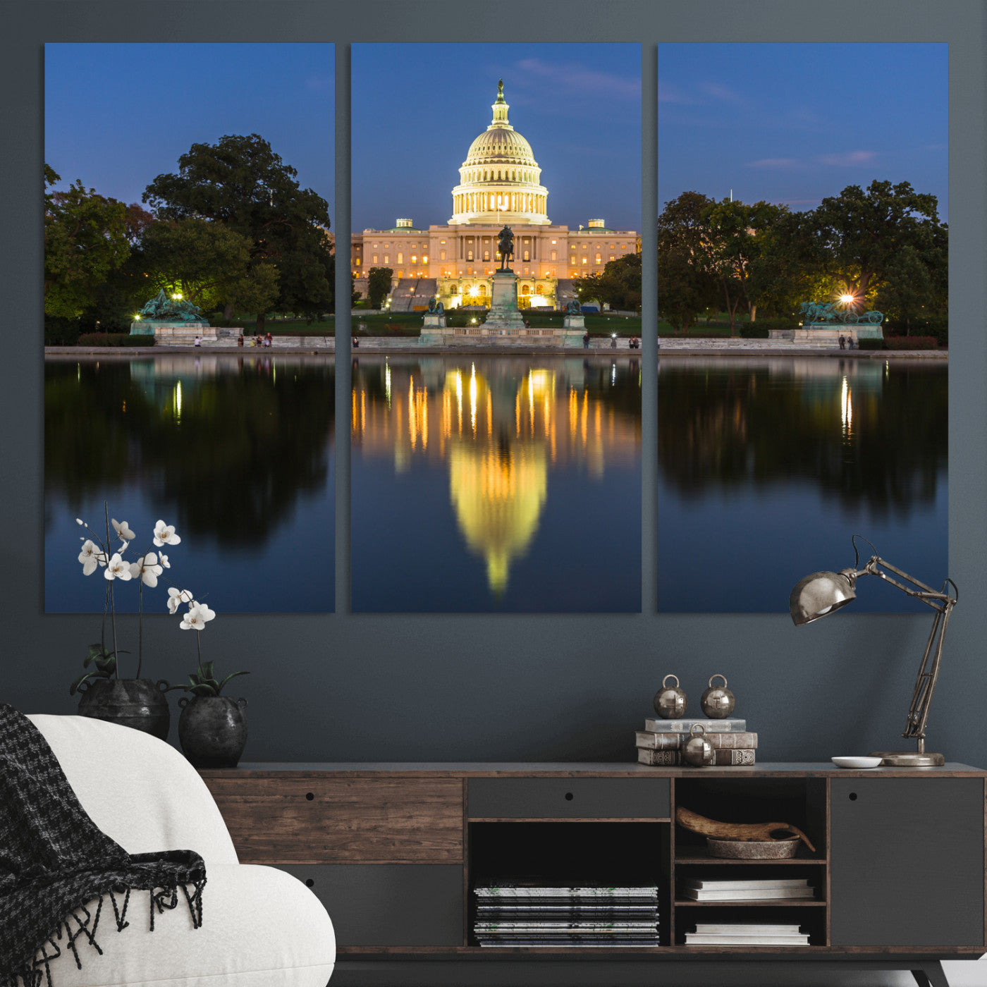 95568590-MGV-CV-36X24 - US Capitol Building Wall Art Canvas Print – Washington DC Landmark Night Reflection Artwork for Office Decor
