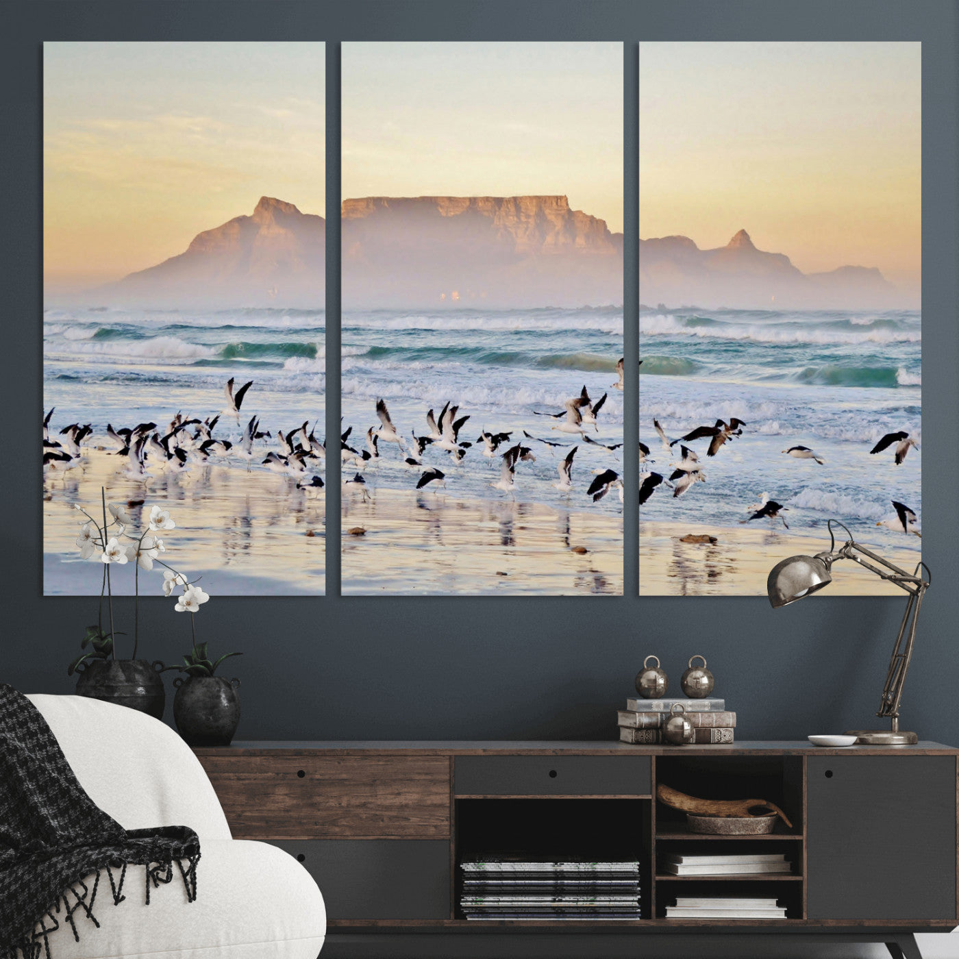 78989362-MGV-CV-36X24 - Seagulls Over Ocean Wall Art Canvas Print – Coastal Beach Landscape Artwork for Living Room Decor