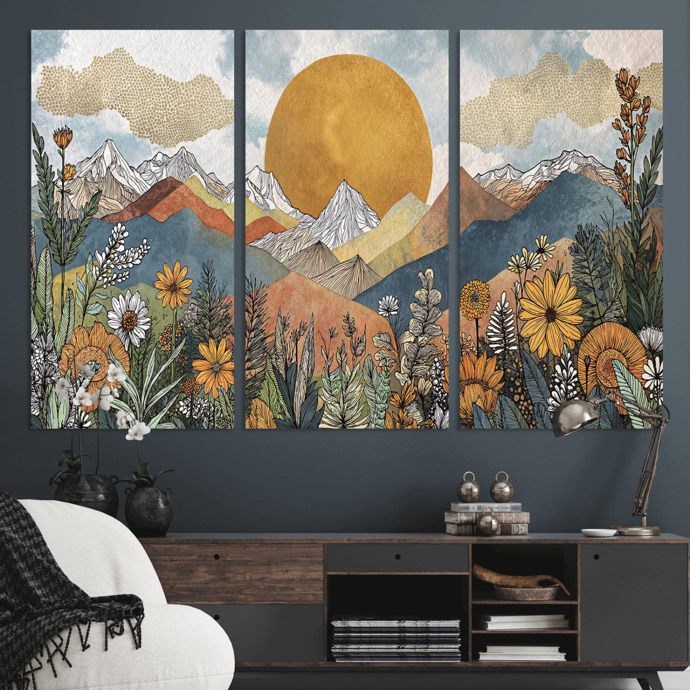 17540863-MGV-CV-36X24 - Boho Mountain Landscape Large Wall Art, Horizontal Gold Framed Canvas Print with Sun and Flowers
