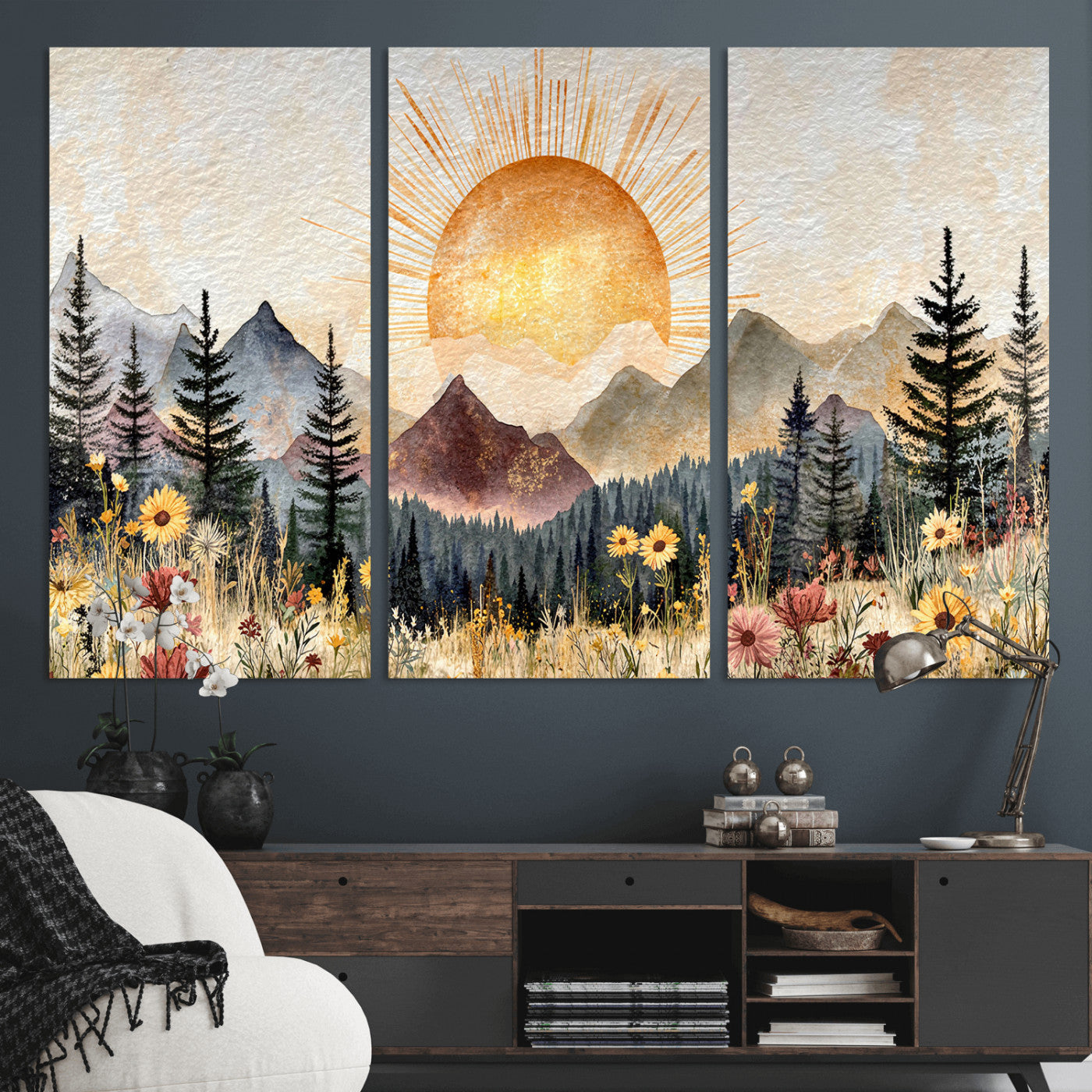 69025244-MGV-CV-36X24 - Boho Mountain Landscape Large Wall Art, Horizontal Gold Framed Canvas Print with Sun and Flowers