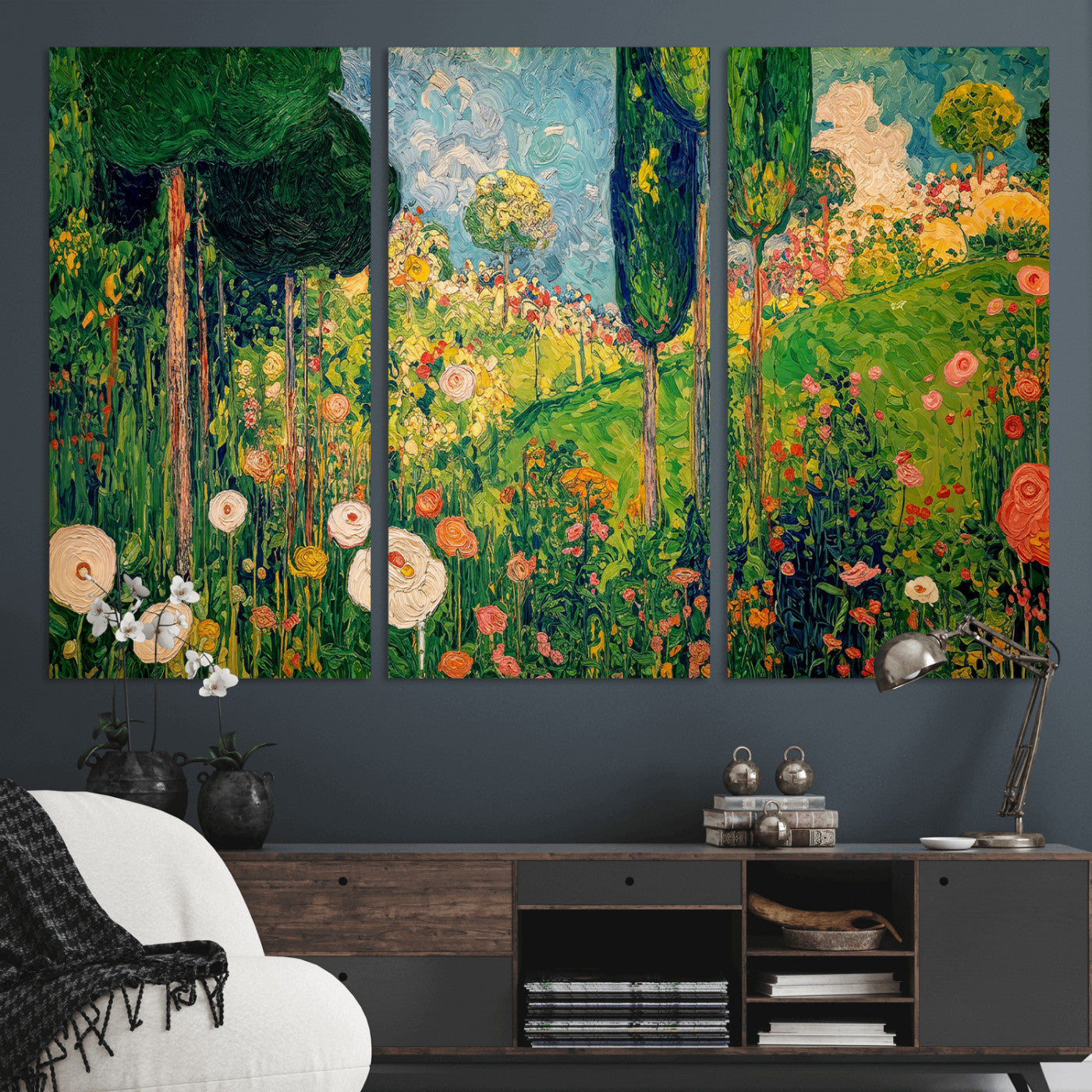 83517974-MGV-CV-36X24 - Gustav Klimt Boho Mountain Landscape Large Wall Art, Horizontal Gold Framed Canvas Print with Sun and Flowers