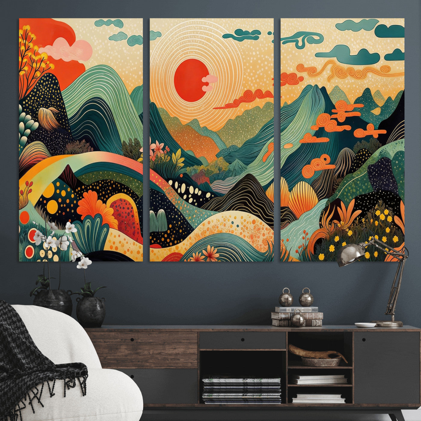 29927191-MGV-CV-36X24 - Yayoi Kusama Boho Mountain Landscape Large Wall Art, Horizontal Gold Framed Canvas Print with Sun and Flowers