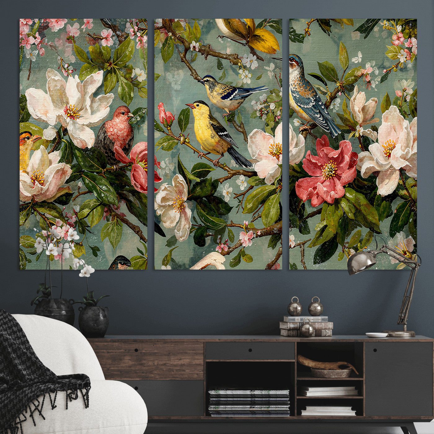 77883606-MGV-CV-36X24 - Vintage Birds and Flowers Wide Wall Art: Extra Large Panoramic Botanical Print