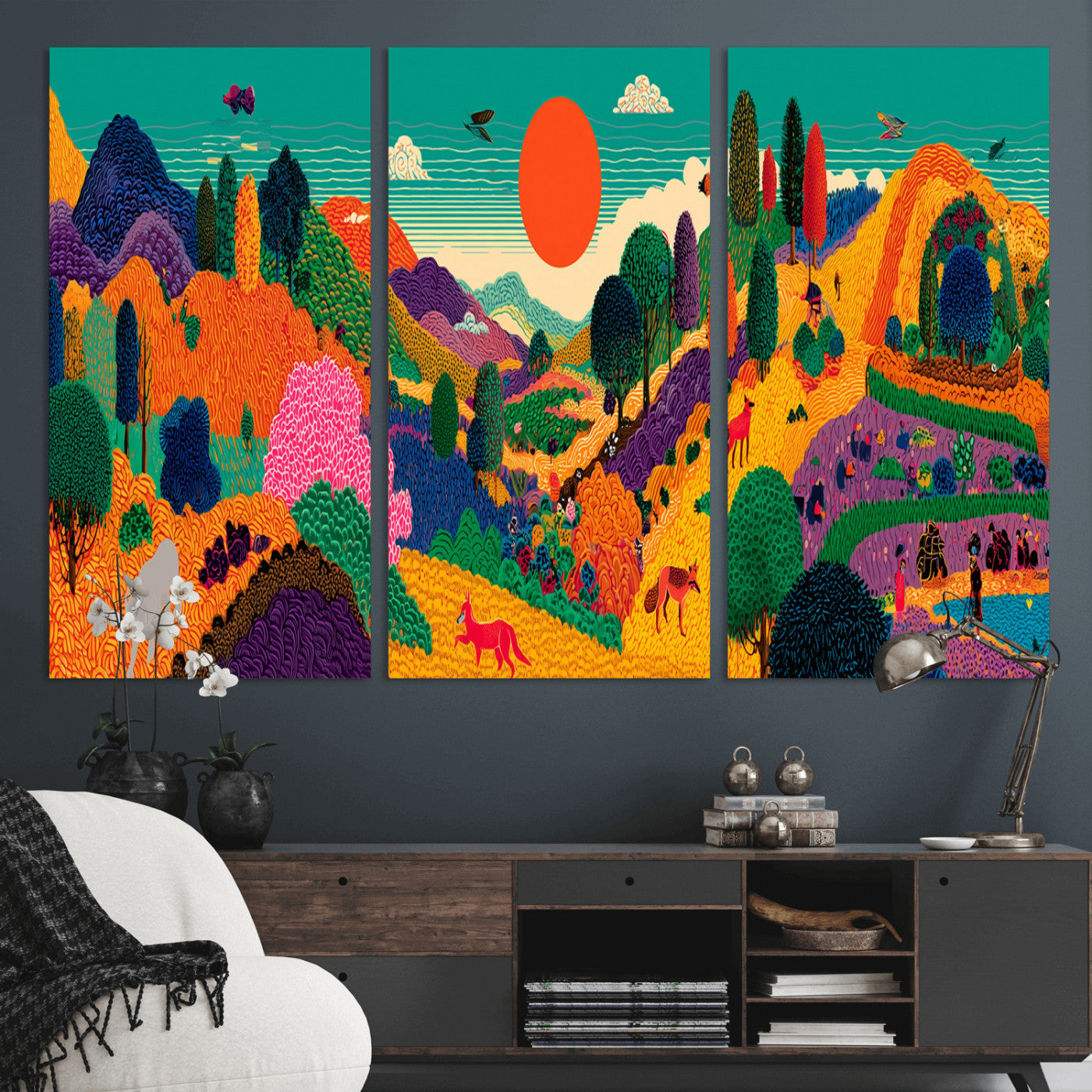 45710397-MGV-CV-48X32-3P - Colorful Japanese Landscape Print: Maximalist Panoramic Wall Art