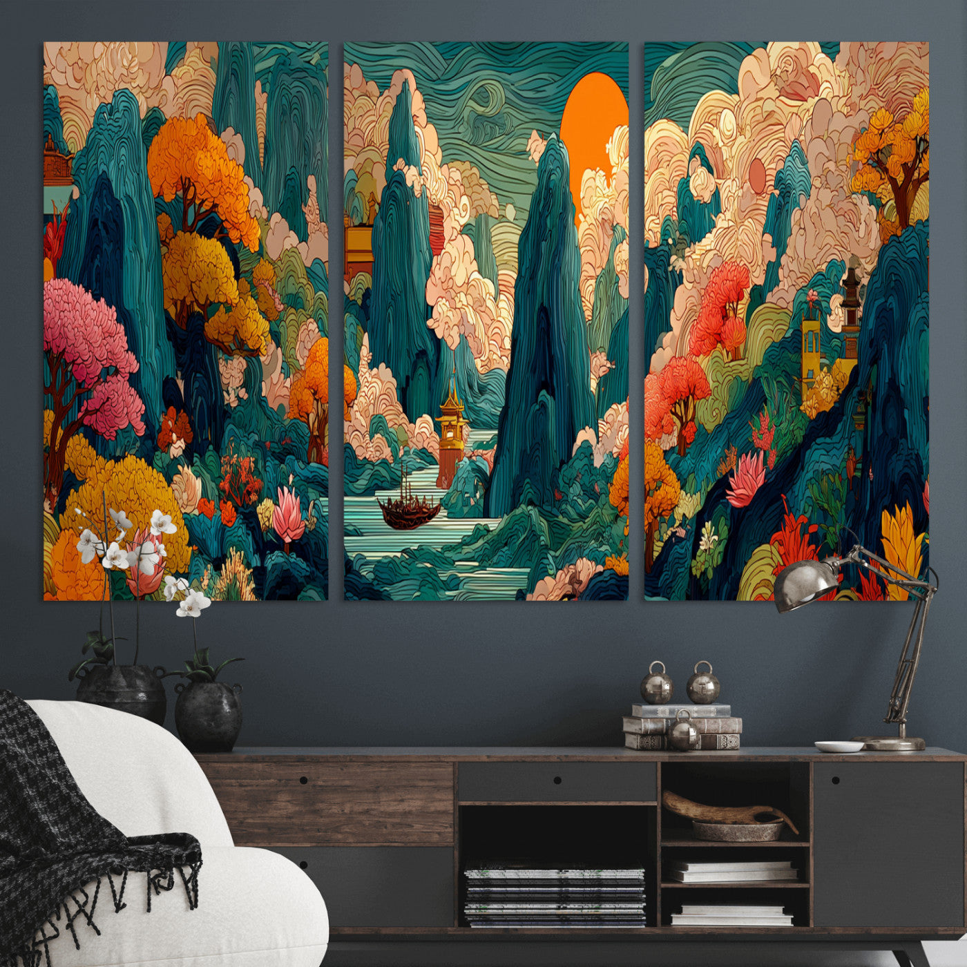 90422518-MGV-CV-48X32-3P - Colorful Japanese Landscape Print: Maximalist Panoramic Wall Art