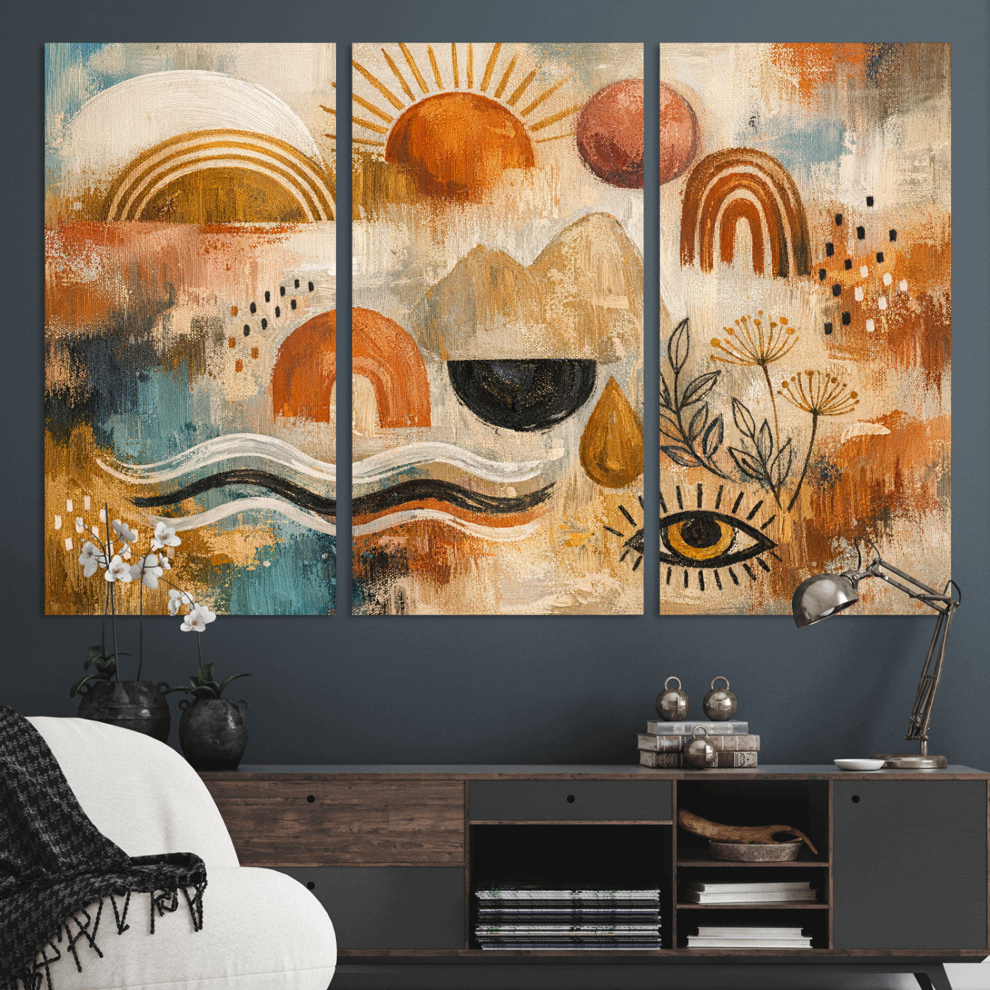 52155239-MGV-CV-36X24 - Geometric Boho Abstract Wall Art Canvas Print, Orange Blue Abstract Expressionist Painting Print, Modern Geometric Abstract Canvas Art