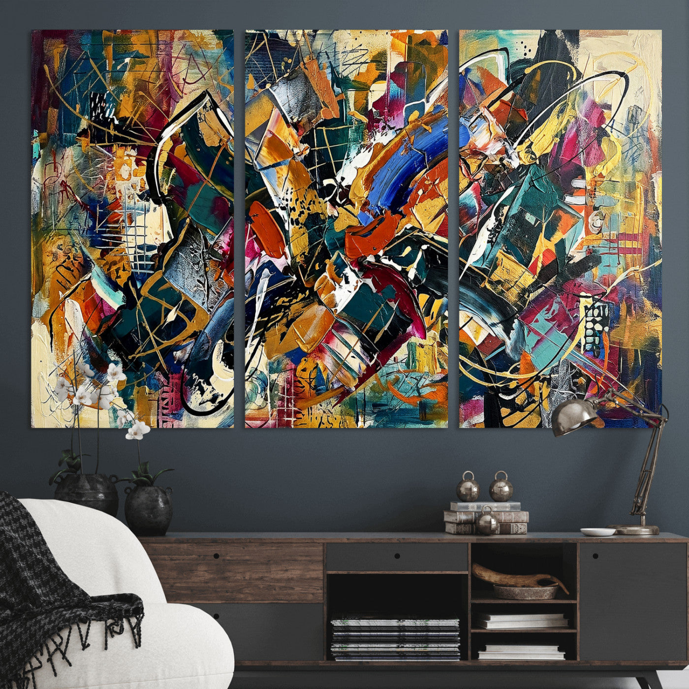 15525527-MGV-CV-36X24 - Geometric Abstract Wall Art Canvas Print, Orange Blue Abstract Expressionist Painting Print, Modern Geometric Abstract Canvas Art