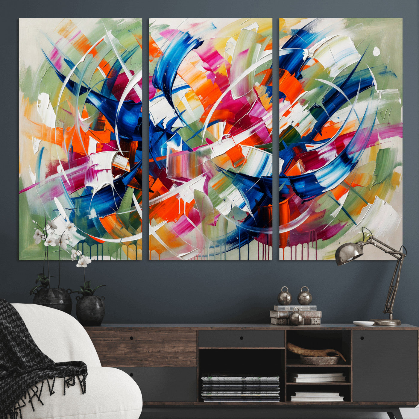 15032888-MGV-CV-36X24 - Geometric Abstract Wall Art Canvas Print, Orange Blue Abstract Expressionist Painting Print, Modern Geometric Abstract Canvas Art
