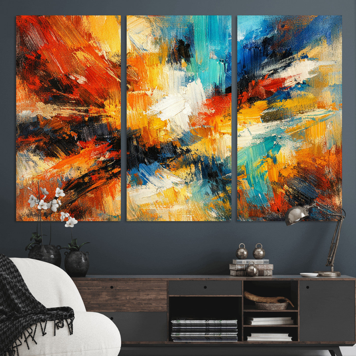 93167583-MGV-CV-36X24 - Geometric Abstract Wall Art Canvas Print, Orange Blue Abstract Expressionist Painting Print, Modern Geometric Abstract Canvas Art