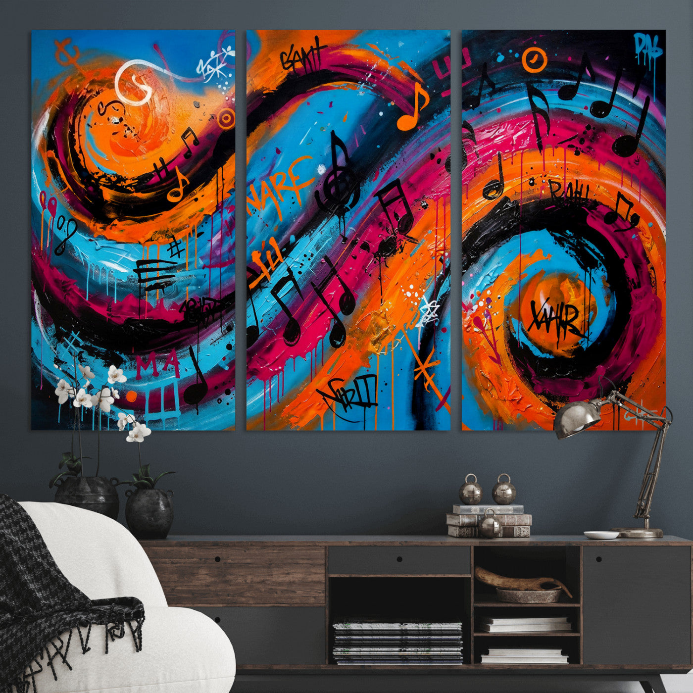 34936518-MGV-CV-36X24 - Geometric Abstract Wall Art Canvas Print, Orange Blue Abstract Expressionist Painting Print, Modern Geometric Abstract Canvas Art