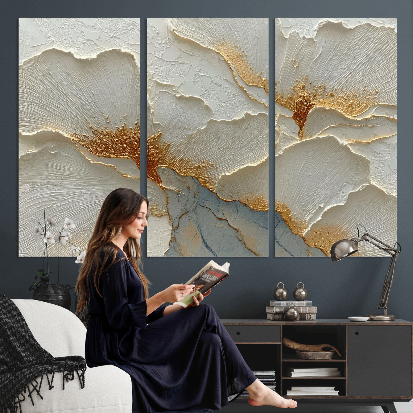 4712069F1-MGV-CV-36X24 - White Gold Floral Canvas Wall Art — Textured Flower Print | Luxury Botanical Decor | Elegant Bedroom Art | Gold Leaf Wall Art Gift