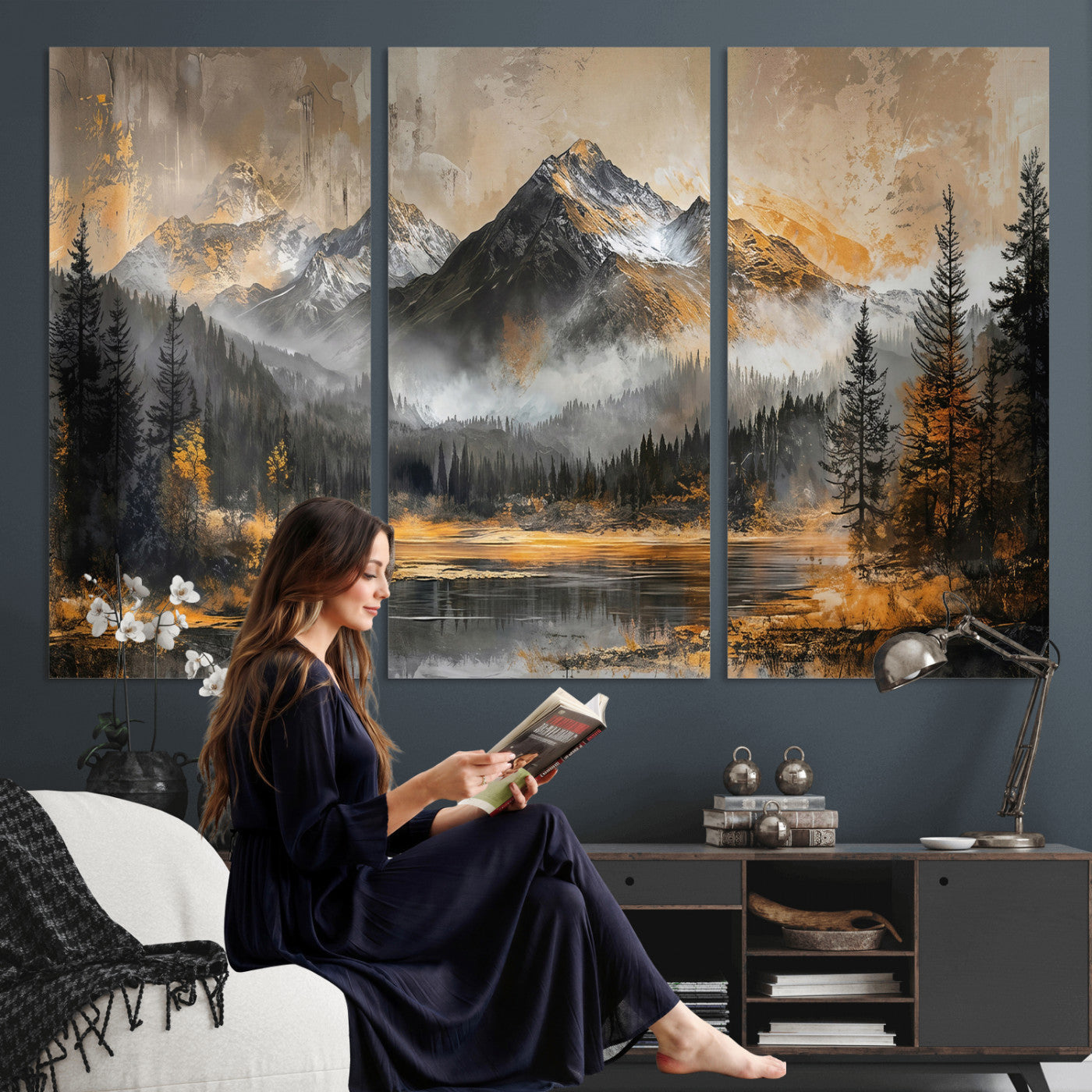 4712069D1-MGV-CV-36X24 - Mountain Lake Canvas Wall Art — Rustic Forest Landscape Print | Gold Grey Nature Decor | Cabin Wall Art | Large Wilderness Art Print Gift