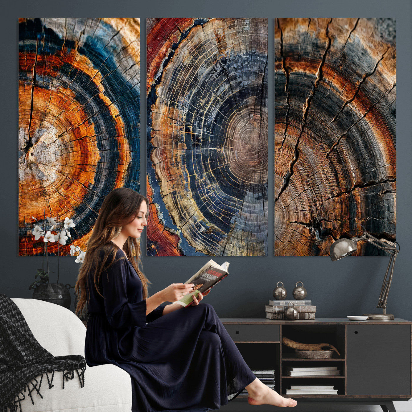 4712069W1-MGV-CV-48X32-3P - Tree Ring Triptych Canvas Wall Art — Set of 3 Wood Grain Print | Rustic Nature Decor | Earth Tone Wall Art | Unique Living Room Art Gift