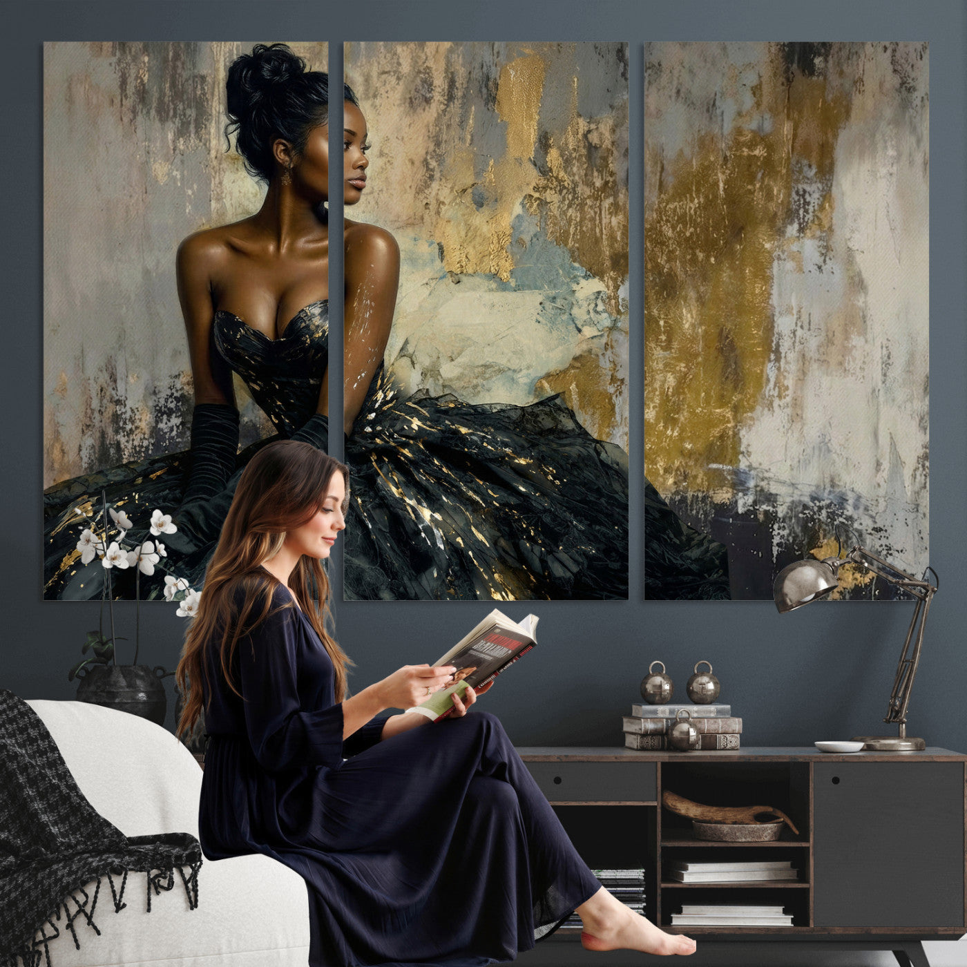 4712069Z1-MGV-CV-36X24 - Elegant Woman Canvas Wall Art — Black Gold Gown Fashion Print | Luxury Glam Wall Decor | African American Art | Bold Bedroom Wall Art Gift