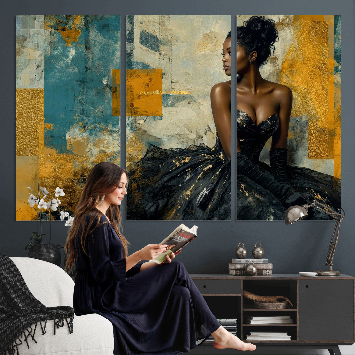 4712069Z21-MGV-CV-36X24 - Elegant Woman Canvas Wall Art — Black Gold Gown Fashion Print | Luxury Glam Wall Decor | African American Art | Bold Bedroom Wall Art Gift