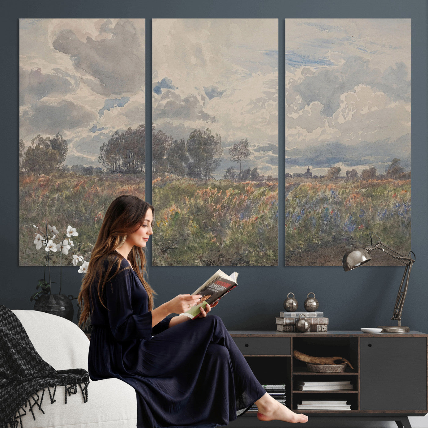 76626885-MGV-CV-36X24 - Vintage Watercolor Meadow Canvas Wall Art — English Pastoral Wildflower Storm Sky Print | Cottagecore Nature Decor | Classic Landscape Gift