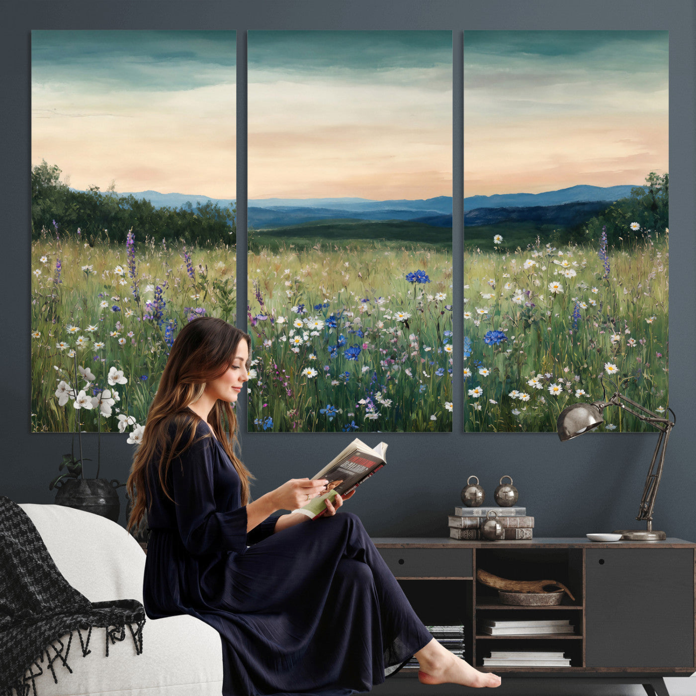 35773805-MGV-CV-36X24 - Wildflower Meadow Oil Painting Canvas Print - Daisy Lavender Mountain Sunset Print | Cottagecore Floral Wall Art - Bedroom Decor Gift for Her